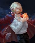  blonde_hair blue_eyes calcifer cowboy_shot earrings embers fire howl_(howl_no_ugoku_shiro) howl_no_ugoku_shiro jacket_on_shoulders jewelry male_focus necklace sakira_cai smile 