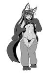  alternate_breast_size animal_ears anubis_(monster_girl_encyclopedia) blush fang flying_sweatdrops greyscale groin highres long_hair looking_at_viewer monochrome monster_girl monster_girl_encyclopedia nav navel non-web_source open_mouth paws petite slit_pupils solo stomach tail tattoo thighs wide_hips 