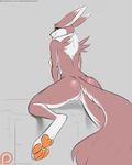  2016 anthro breasts canine digimon doomthewolf female fox fur horn kishin mammal neck_tuft nipples nude pink_fur pussy rear_view renamon solo tongue tongue_out tuft white_belly white_fur 