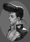  cheekbones earrings gakuran greyscale heart higashikata_jousuke highres jewelry jojo_no_kimyou_na_bouken long_neck male_focus monochrome peace_symbol pompadour profile san_miao school_uniform solo stud_earrings upper_body 