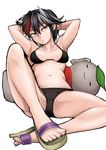  arms_behind_head arms_up bikini black_bikini black_hair breasts collarbone earrings horns jewelry jizou kijin_seija leaf leaning_back looking_at_viewer medium_breasts multicolored_hair navel opagi red_hair red_scarf sandals scarf short_hair simple_background sitting solo streaked_hair swimsuit touhou white_background white_hair 