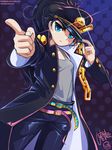  belt black_hair blue_eyes chain coat cowboy_shot dated frown gakuran genderswap genderswap_(mtf) glint hand_on_headwear hat jojo_no_kimyou_na_bouken krokobyaka kuujou_joutarou long_coat long_hair looking_at_viewer pants pointing pointing_at_viewer polka_dot polka_dot_background ponytail school_uniform serious signature solo stardust_crusaders tank_top watermark web_address younger 