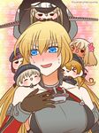  bismarck_(kantai_collection) blonde_hair blue_eyes carrying_over_shoulder carrying_overhead chibi chibi_on_head closed_eyes commentary_request graf_zeppelin_(kantai_collection) hat kantai_collection on_head prinz_eugen_(kantai_collection) ro-500_(kantai_collection) smug uniform yumaru_(marumarumaru) z1_leberecht_maass_(kantai_collection) z3_max_schultz_(kantai_collection) 