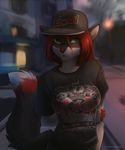  5_fingers anthro black_nose blurred_background cat clothed clothing detailed_background eyebrows eyelashes feline female fluffy fluffy_tail fur green_eyes hair hat jewelry koul mammal necklace red_hair smile solo white_fur 