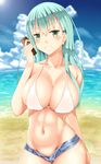  aqua_hair beach bikini bikini_top blush breasts cleavage cloud collarbone cowboy_shot day denim denim_shorts green_eyes grin groin hair_ornament hairclip highres huge_breasts kantai_collection lens_flare long_hair looking_at_viewer lotion micro_shorts navel ocean outdoors sand shorts sky smile solo string_bikini sun sunlight sunscreen suzuya_(kantai_collection) swimsuit teeth toned unbuttoned water white_bikini zukky 