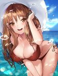  bikini blush breasts brown_eyes brown_hair cleavage collarbone day eyebrows eyebrows_visible_through_hair hand_on_own_head hat large_breasts leaning_forward long_hair looking_at_viewer ocean open_mouth original outdoors red_bikini side-tie_bikini sky smile solo swimsuit yumaomi 