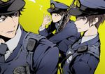  black_hair blue_eyes brown_eyes cigarette contemporary gun hat hatano_(joker_game) joker_game looking_at_another looking_back male_focus miyoshi_(joker_game) multiple_boys peaked_cap police police_uniform policeman sakuma_(joker_game) smoke smoking squatting suidoku sweatdrop uniform walkie-talkie weapon yellow_background 