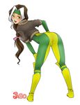  1girl alternate_hairstyle ass bent_over blush bodysuit boots brown_hair cameltoe cropped_jacket from_behind gloves green_eyes hair_ribbon headband jago_dibuja knee_boots leaning leaning_forward long_hair looking_back low-tied_hair marvel multicolored_hair open_mouth pantylines ribbon rogue_(x-men) simple_background skin_tight smile solo white_background white_hair x-men 