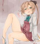  akigumo_(kantai_collection) barefoot blush bow breasts brown_hair covered_nipples cum cum_on_clothes earrings green_eyes hair_bow heart heart_earrings highres jewelry kantai_collection no_legwear okiraku_nikku panties ponytail ring small_breasts solo underwear 