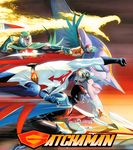  5boys 70s alex_ross angry antennae belt berg_katse bird blade bodysuit box_art cape clenched_teeth cropped energy_gun epic flying gatchaman gloves godphoenix ground_vehicle helmet holster insignia jinpei_the_swallow joe_the_condor jun_the_swan ken_the_eagle lips logo mask miniskirt motor_vehicle motorcycle multiple_boys official_style oldschool phoenix punching ray_gun realistic running ryu_the_owl scan science_fiction skirt teeth traditional_media visor watch weapon wings 