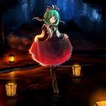  arm_ribbon bad_id bad_twitter_id boots bow commentary_request dress floating floating_object forest frills front_ponytail full_body green_eyes green_hair hair_bow hair_ribbon highres kagiyama_hina lantern lifted_by_self looking_at_viewer nature night nuqura outdoors parted_lips red_dress ribbon ripples skirt_hold solo standing standing_on_liquid touhou tree wrist_ribbon 