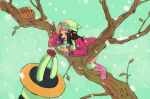  1girl :d bare_tree black_hair boots coat creatures_(company) flower game_freak gen_2_pokemon gen_4_pokemon hair_ornament hat hikari_(pokemon) in_tree long_hair long_sleeves nintendo open_mouth pink_coat pink_flower pink_footwear pokemon pokemon_(creature) pokemon_(game) pokemon_dppt pokemon_platinum regigigas scarf smile snow snowing solo swinub tanbo-san tree white_hat white_scarf 