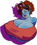  anthro big_breasts breasts clothed clothing ear_piercing female horn huge_breasts hyper hyper_breasts imp nipple_bulge nlr_domain piercing smile solo 