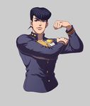  black_hair brooch clenched_hand earrings flexing gakuran grey_eyes heart higashikata_jousuke jewelry jojo_no_kimyou_na_bouken lanxjourney male_focus no_legs pompadour pose school_uniform solo stud_earrings upper_body 