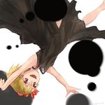  alternate_costume armpits arms_up artist_name black_dress blonde_hair bow commentary_request darkness dress fangs flat_chest hair_bow highres legs looking_at_viewer nuqura open_mouth pink_eyes rumia sharp_teeth short_hair sleeveless sleeveless_dress smile solo teeth touhou upside-down white_background 