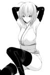  adjusting_hair ahoge armpits blush detached_sleeves fate_(series) greyscale koha-ace looking_at_viewer monochrome obi okita_souji_(fate) okita_souji_(fate)_(all) sash shima-shuu solo thighhighs thighs 