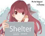  a-1_pictures akai_toshifumi bow earrings holding holding_sign jewelry long_hair purple_eyes purple_hair rin_(shelter) shelter_(music_video) sign solo title 