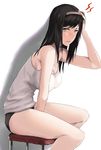  black_hair blush breasts cleavage hairband large_breasts long_hair looking_at_viewer ogros original sitting sleeveless solo yellow_eyes 