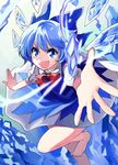  :d barefoot blue_bow blue_dress blue_eyes blue_hair bow bowtie cirno commentary_request cowboy_shot dress fang hair_between_eyes hair_bow ice ice_wings katayama_kei leg_up open_hands open_mouth outstretched_arm palms puffy_short_sleeves puffy_sleeves red_bow red_neckwear short_hair short_sleeves smile solo touhou v-shaped_eyebrows wings 
