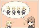  &gt;_&lt; :&lt; :d :o armband arms_at_sides black_legwear black_serafuku black_skirt blonde_hair brown_eyes brown_hair clenched_hands closed_eyes closed_mouth commentary demon_tail expressions fumizuki_(kantai_collection) goma_(yoku_yatta_hou_jane) jacket kantai_collection long_hair long_sleeves low_twintails multiple_girls neckerchief open_mouth outstretched_arms pitchfork pleated_skirt ponytail remodel_(kantai_collection) round_teeth satsuki_(kantai_collection) school_uniform serafuku sidelocks simple_background skirt smile solid_oval_eyes tail teeth thighhighs thought_bubble translated triangle_mouth twintails v-shaped_eyebrows xd yellow_eyes |d 