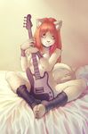  5_fingers anthro breasts cat convenient_censorship deymos feline female fur guitar hair iskra looking_at_viewer mammal musical_instrument nude orange_hair sitting solo white_fur 