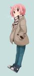  0kp4r 1girl female full_body jacket jeans nonohara_yuzuko pink_hair scarf simple_background solo yuyushiki 