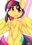 anthro black_hair chest_tuft cutie_mark dshou equine eyelashes fan_character feathered_wings feathers female fur hair hooves looking_at_viewer mammal my_little_pony nude open_mouth pegasus pink_hair red_eyes smile teeth tuft wings yellow_feathers yellow_fur 