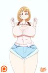  animated animated_gif artist_name bob_cut bouncing_breasts breasts brown_hair bursting_breasts crystal_cheese denim denim_shorts gloves large_breasts looking_at_viewer narusawa_ryouka no_bra occultic;nine short_shorts shorts smile solo thigh_gap watermark white_background 