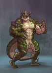  2016 abs anthro balls barefoot biceps big_muscles big_penis black_skin blazingifrit claws green_skin horn looking_at_viewer male muscular muscular_male navel nude pecs penis red_eyes reptile scalie solo standing stripes toe_claws toes unktehila vein veiny_penis white_skin 