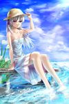  absurdres arm_support barefoot blue_dress blue_ribbon breasts cleavage cloud collarbone day deluxe&lt;&lt;&lt; dress hair_ribbon hand_on_headwear hat highres long_hair medium_breasts original outdoors purple_eyes ribbon silver_hair sky solo straw_hat sundress water 