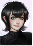  aqua_eyes black_hair closed_mouth highres hotel_transylvania lips makeup mavis_dracula pale_skin portrait randy_(awesomevillage) realistic short_hair smile solo turtleneck 