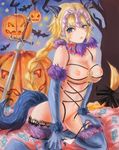  anal_tail animal_ears bad_id bad_pixiv_id bat blonde_hair blue_eyes bow braid breasts butt_plug convenient_censoring cosplay dangerous_beast elbow_gloves fake_tail fate/apocrypha fate/grand_order fate_(series) fur gloves halloween_costume highres jack-o'-lantern jeanne_d'arc_(fate) jeanne_d'arc_(fate)_(all) large_breasts long_hair mash_kyrielight mash_kyrielight_(cosplay) nipples panties panty_pull pout purple_eyes single_braid solo star suterisu sword tail thighhighs underwear very_long_hair weapon 