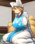  blonde_hair breasts chanta_(ayatakaoisii) curvy dress extra_ears hat highres huge_breasts mob_cap pillow_hat plump sitting solo tabard touhou wariza white_dress yakumo_ran yellow_eyes 