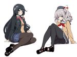  alternate_costume black_hair blazer blue_eyes blush breasts brown_eyes cardigan hair_ornament hair_ribbon hair_tubes hanauna highres jacket kantai_collection kashima_(kantai_collection) long_hair medium_breasts mizuho_(kantai_collection) multiple_girls panties panties_under_pantyhose pantyhose ribbon school_uniform silver_hair sitting skirt smile sweater_vest thighband_pantyhose tsurime underwear very_long_hair wavy_hair 