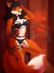  5_fingers anthro armpits black_hair black_nose blue_eyes breasts canine collar detailed_background female fluffy fluffy_tail fox fur hair long_hair mammal midriff navel orange_fur smile solo standing vexstacy wide_hips 