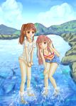  2girls atarashi_ako bare_legs bottomless female multiple_girls no_panties no_pants nude saki takakamo_shizuno tshirt 