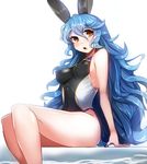  alternate_costume animal_ears blue_hair blush breasts brown_eyes competition_swimsuit covered_nipples erune ferry_(granblue_fantasy) from_side granblue_fantasy long_hair looking_at_viewer medium_breasts one-piece_swimsuit open_mouth sitting solo swimsuit tenken_(gotannda) very_long_hair 