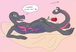  &lt;3 2016 5_fingers 5_toes amphibian anthro bed browniecomicwriter dialogue female flat_chested grey_body lizard looking_at_viewer markings nintendo nude pink_markings pok&eacute;mon prehensile_tail reptile rose_(flower) salamander scalie seductive simple_background smile solo toes unknown_pokemon video_games wide_hips 