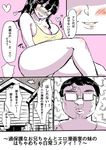  1girl :d absurdres anger_vein black_hair blush breasts brother_and_sister cleavage comic glasses heart highres limited_palette open_mouth original siblings sitting sleeveless smile translated twintails yac_(mokkori) yellow_eyes 