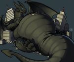  2016 4_toes anthro belly big_belly big_tail black_horn black_scales black_tail blue_eyes building city claws destruction digital_media_(artwork) dragon featureless_crotch grey_background hand_on_stomach horn hyper hyper_belly kael_artherion long_tail macro macroceli_(artist) male membranous_wings naturally_censored nude obese overweight overweight_male reclining scales scalie signature simple_background solo spade_tail thick_tail toe_claws toes wings 
