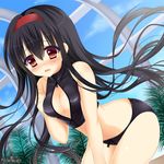  bikini black_bikini black_hair blush breasts brown_eyes character_request cleavage cleavage_cutout copyright_name day eyebrows eyebrows_visible_through_hair front_zipper_swimsuit hair_between_eyes hairband long_hair medium_breasts meme_attire nose_blush one-piece_swimsuit psychic_hearts red_hairband sky solo swimsuit yuyumatsu 
