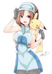  2016 ace_trainer_(pokemon) black_legwear breasts brown_eyes brown_hair dated gen_1_pokemon gloves grey_gloves highres khibiki large_breasts on_shoulder pantyhose pikachu pokemon pokemon_(creature) pokemon_(game) pokemon_on_shoulder pokemon_sm short_hair sideboob signature sleeveless visor_cap 