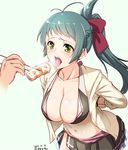  2016 846-gou arms_behind_back bdsm bikini blush bound bound_wrists breasts chopsticks cleavage collarbone commentary_request dated drooling feeding food green_eyes green_hair hair_ribbon hands heavy_breathing holding hungry irako_(kantai_collection) jacket kantai_collection large_breasts long_hair open_clothes open_jacket open_mouth out_of_frame ponytail ribbon saliva simple_background solo_focus swimsuit tongue tongue_out 