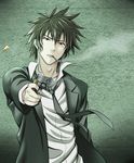  black_hair black_neckwear dansa firing_at_viewer gun holding holding_gun holding_weapon kougami_shin'ya looking_at_viewer male_focus necktie psycho-pass shirt solo weapon white_shirt 