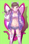  airrabbityan animal_ears animal_print ass_visible_through_thighs axent_wear bandeau bangs blue_shorts breasts brown_eyes brown_hair bubble_blowing bunny_print cat_ear_headphones cat_ears charm_(object) chewing_gum cleavage collarbone cowboy_shot d.va_(overwatch) denim denim_shorts facepaint facial_mark fake_animal_ears groin gun hand_in_pocket handgun headphones heart heart_print holding holding_gun holding_weapon jacket legs_apart letterman_jacket long_hair looking_at_viewer midriff navel open_clothes open_jacket overwatch short_shorts shorts small_breasts solo stomach strapless thighhighs tubetop unbuttoned weapon whisker_markings white_legwear 