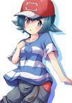  bad_anatomy belt blue_eyes blue_hair blush collarbone cosplay hat looking_at_viewer nekono_rin open_mouth pokemon pokemon_(anime) pokemon_sm_(anime) red_hat satoshi_(pokemon) satoshi_(pokemon)_(cosplay) shirt short_sleeves solo striped striped_shirt suiren_(pokemon) sweatdrop trial_captain 