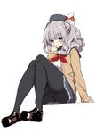  blue_eyes breasts cardigan hanauna highres jacket kantai_collection kashima_(kantai_collection) large_breasts panties panties_under_pantyhose pantyhose school_uniform silver_hair skirt smile solo thighband_pantyhose tsurime underwear wavy_hair 