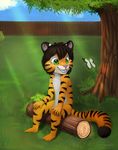  2016 anthro cub detailed_background digital_media_(artwork) feline fur hair hi_res jamesfoxbr male mammal open_mouth smile solo tiger tongue tree young 