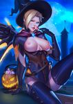  alternate_costume arm_support blonde_hair blue_eyes bracelet breasts breasts_outside candy earrings eva_solo food gloves halloween hat highres jack-o'-lantern jack-o'-lantern_earrings jewelry large_breasts lollipop looking_at_viewer mechanical_wings mercy_(overwatch) moon night night_sky nipples overwatch parted_lips sitting sky smile solo star_(sky) starry_sky thighhighs wings witch witch_hat witch_mercy 