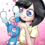  2016 ambiguous_gender black_hair blue_body blue_eyes breasts brionne clothed clothing digital_media_(artwork) duo eyelashes fangs female feral hair looking_back looking_down mammal marine moon_(pokemon) nintendo open_mouth pink_eyes pinniped pok&eacute;mon ribbons rilex_lenov seal simple_background smile teeth tongue tongue_out video_games 